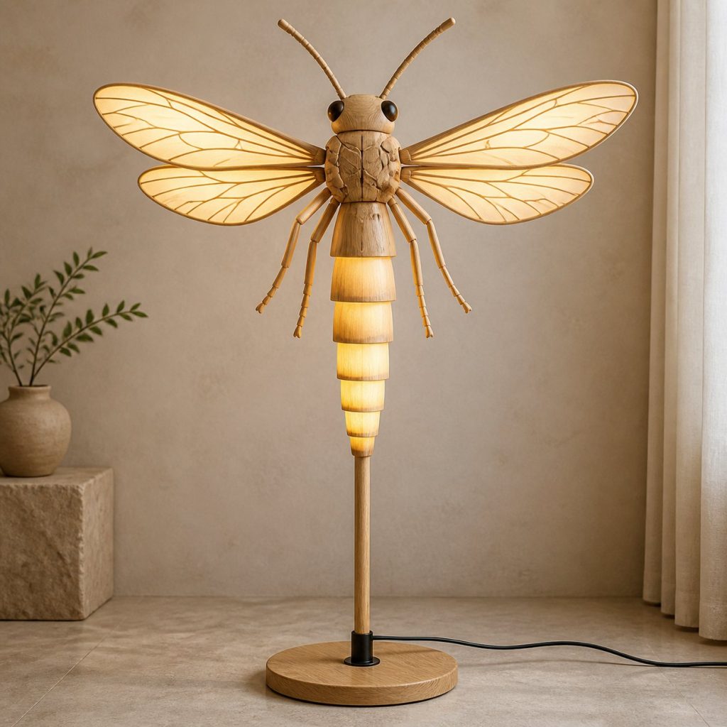Tall Firefly Floor Lamp shown as an original square photorealistic firefly lamp made from natural light-yellow wood with fine grain and warm diffused light