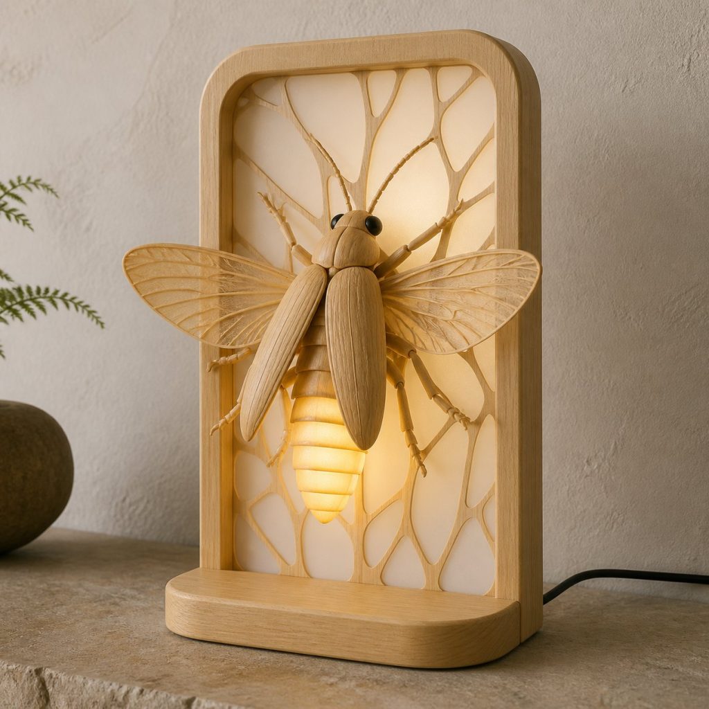 Night-Garden Firefly Lantern shown as an original square photorealistic firefly lamp made from natural light-yellow wood with fine grain and warm diffused light