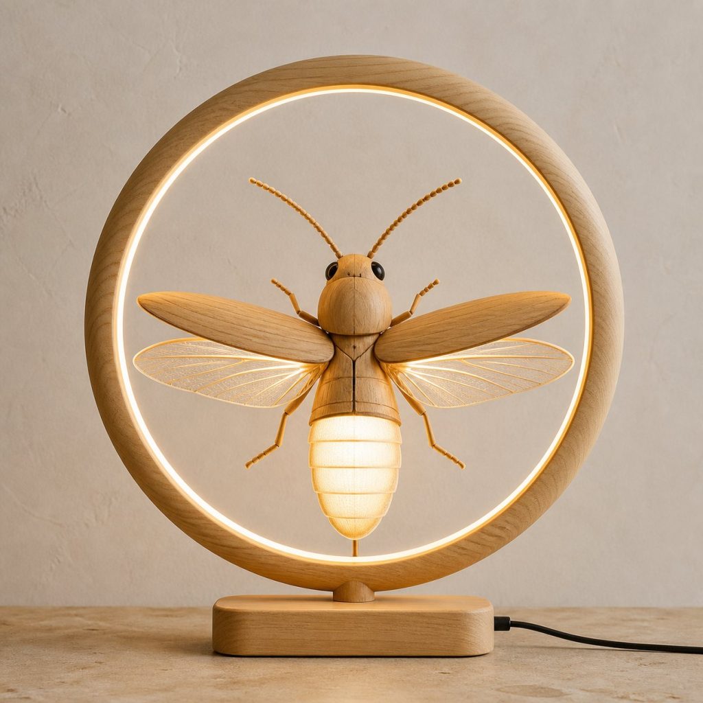 Firefly Moon-Ring Lamp shown as an original square photorealistic firefly lamp made from natural light-yellow wood with fine grain and warm diffused light