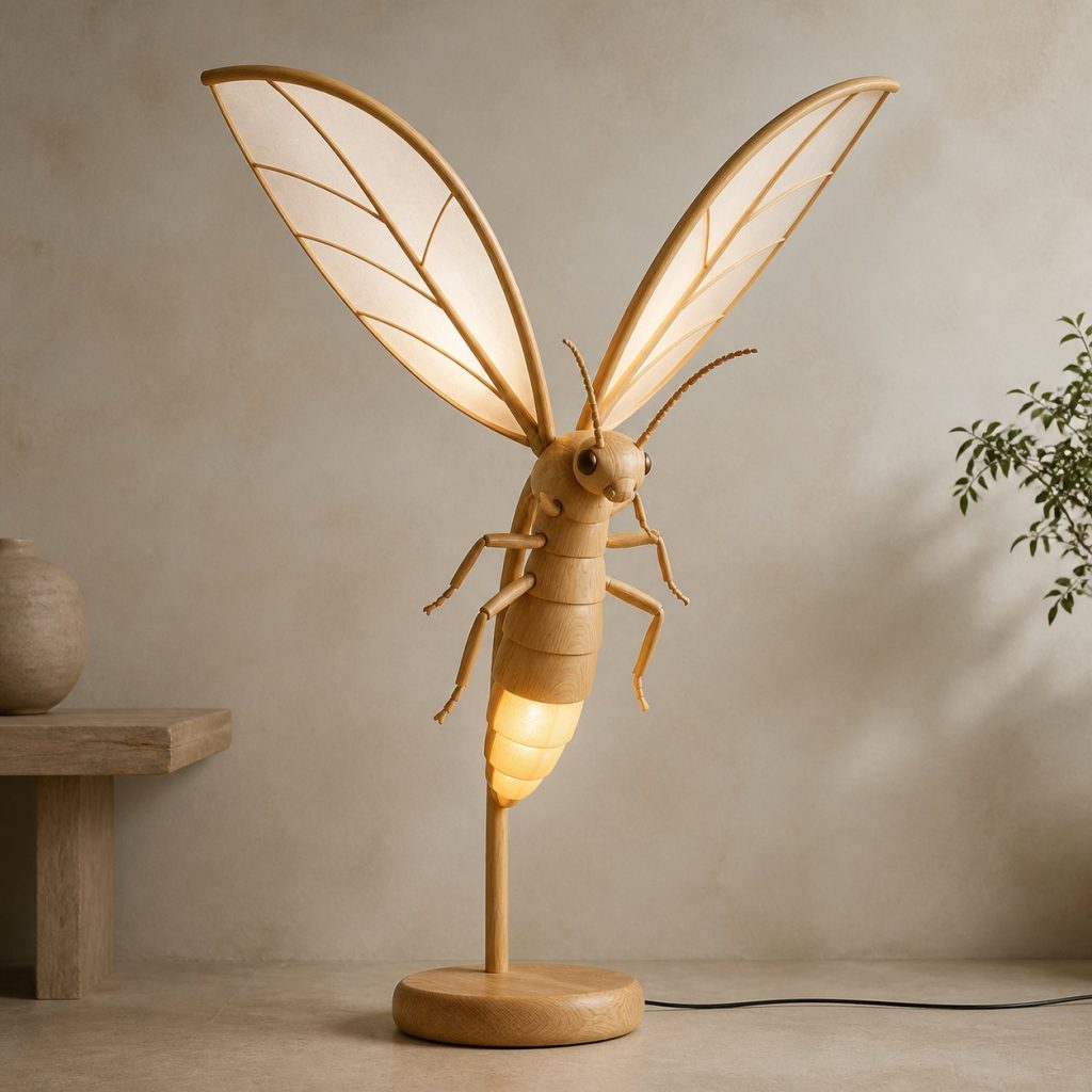 Paired-Wing Firefly Floor Lamp shown as an original square photorealistic firefly lamp made from natural light-yellow wood with fine grain and warm diffused light