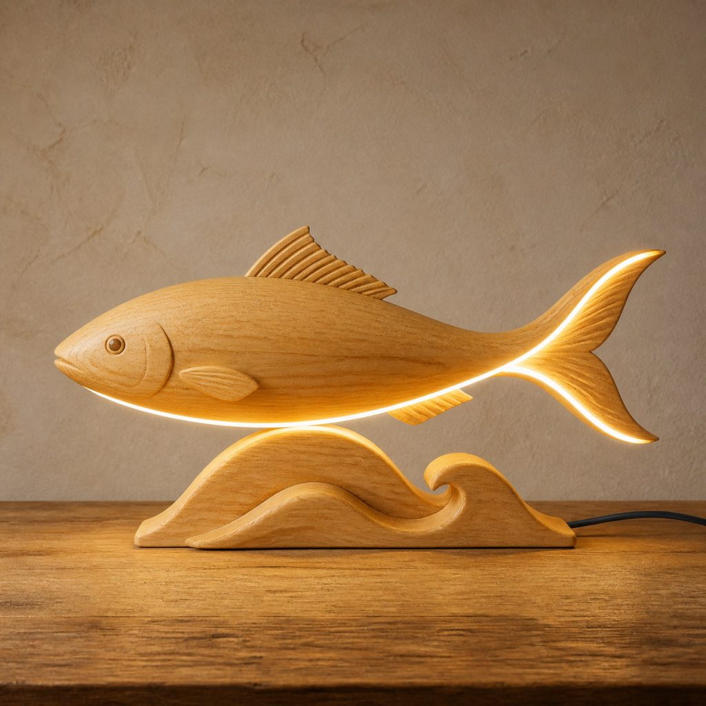 Light-Yellow Fish Profile Lamp shown as an original square photorealistic light-yellow wood fish lamp made from natural light-yellow wood with fine grain and warm diffused light