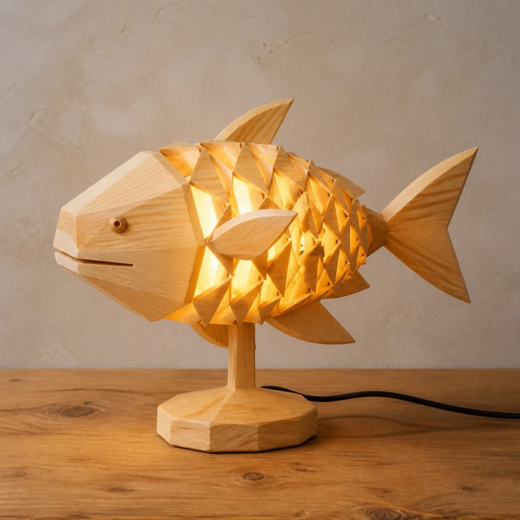 Faceted Light-Yellow Fish Lamp shown as an original square photorealistic light-yellow wood fish lamp made from natural light-yellow wood with fine grain and warm diffused light