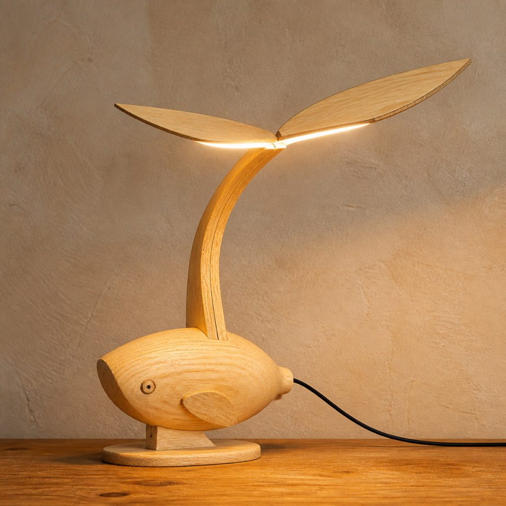 Fish-Tail Desk Lamp shown as an original square photorealistic light-yellow wood fish lamp made from natural light-yellow wood with fine grain and warm diffused light