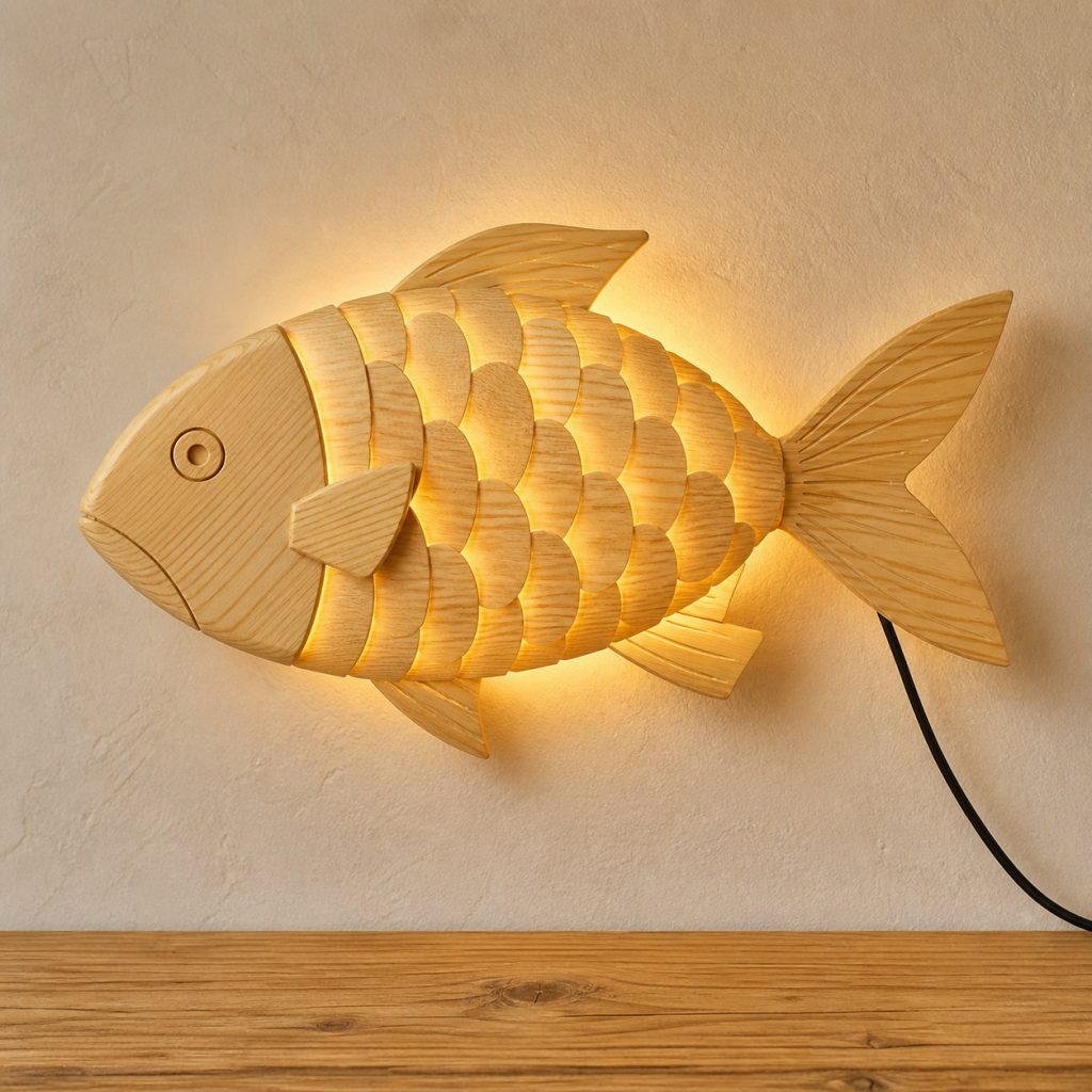 Swimming Fish Wall Sconce shown as an original square photorealistic light-yellow wood fish lamp made from natural light-yellow wood with fine grain and warm diffused light