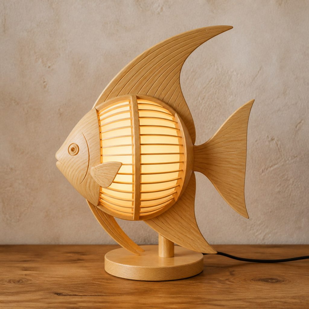Light-Yellow Angelfish Lamp shown as an original square photorealistic light-yellow wood fish lamp made from natural light-yellow wood with fine grain and warm diffused light