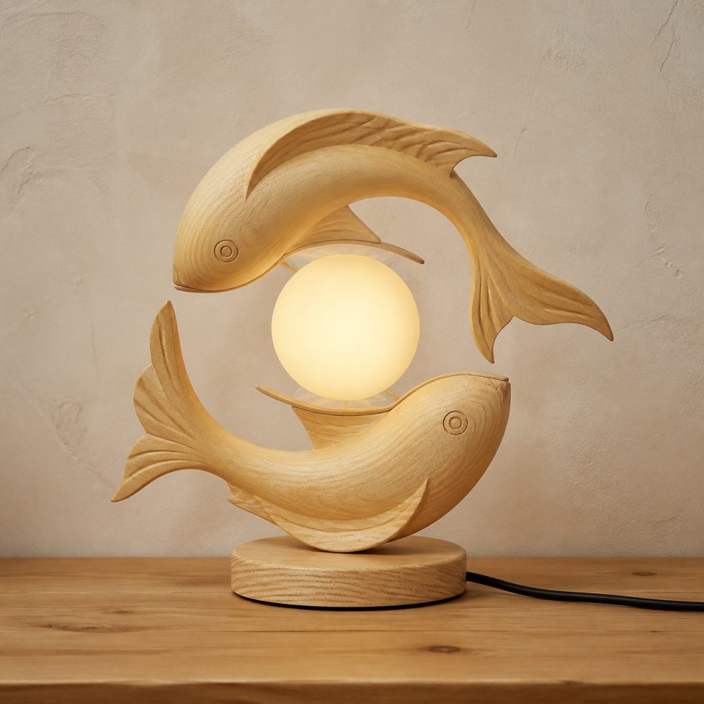 Two-Fish Orb Lamp shown as an original square photorealistic light-yellow wood fish lamp made from natural light-yellow wood with fine grain and warm diffused light