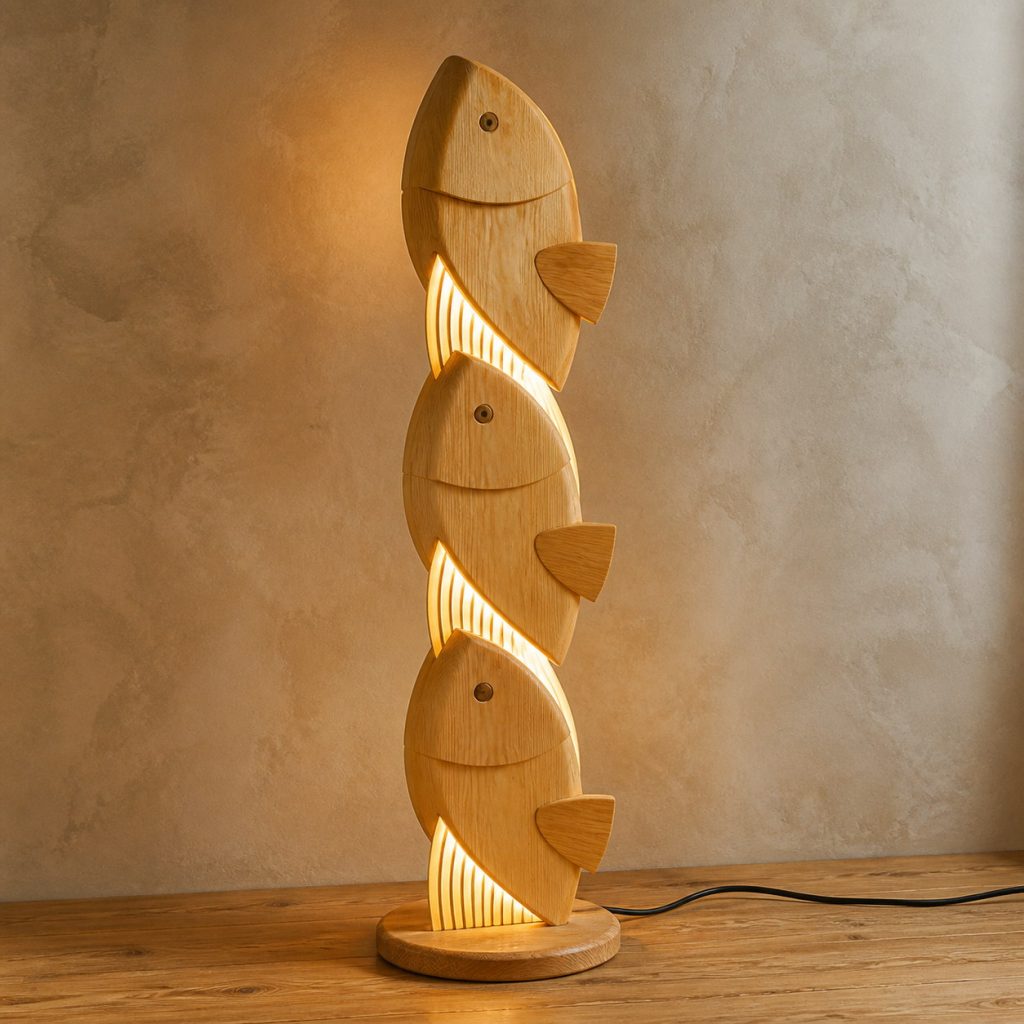 Stacked Fish Floor Lamp shown as an original square photorealistic light-yellow wood fish lamp made from natural light-yellow wood with fine grain and warm diffused light
