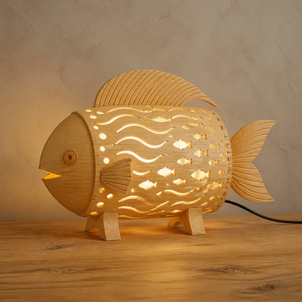 Reef Fish Lantern shown as an original square photorealistic light-yellow wood fish lamp made from natural light-yellow wood with fine grain and warm diffused light