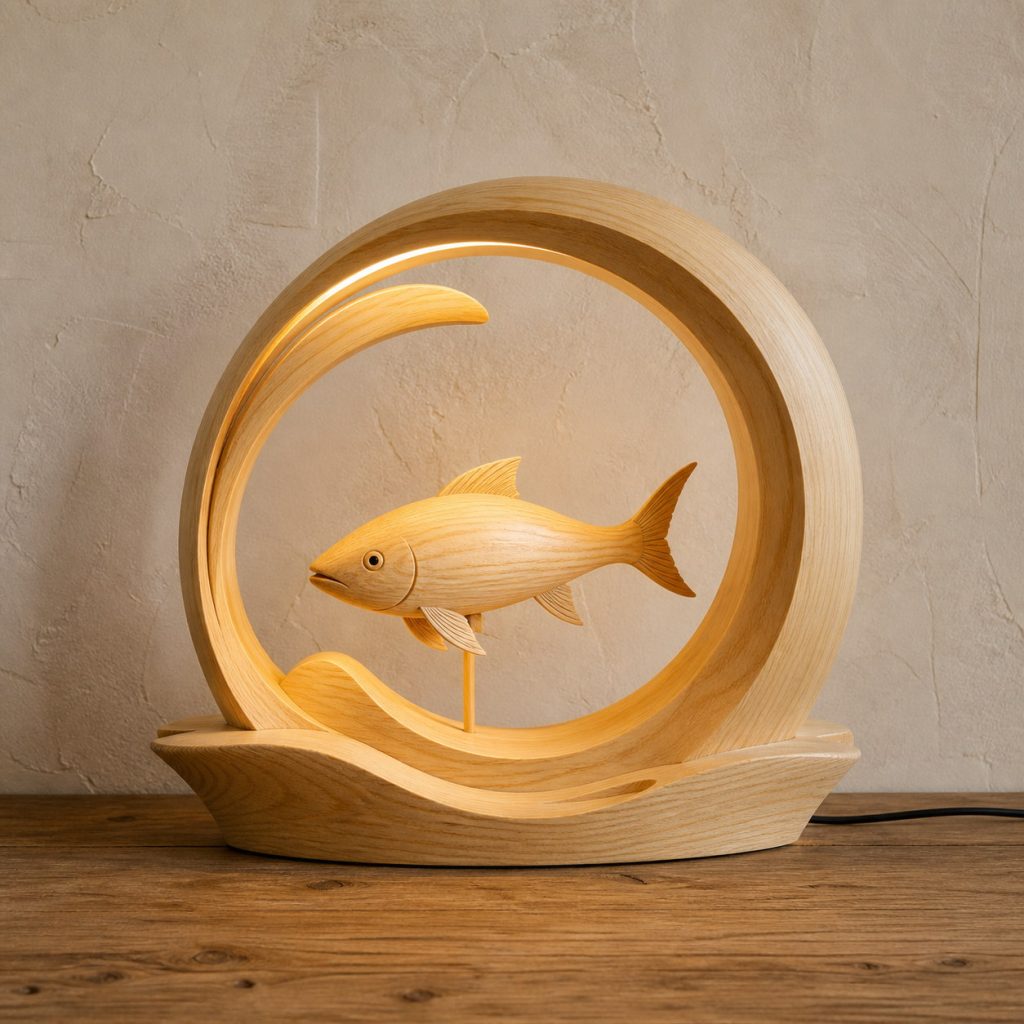 Fish-and-Wave Ring Lamp shown as an original square photorealistic light-yellow wood fish lamp made from natural light-yellow wood with fine grain and warm diffused light