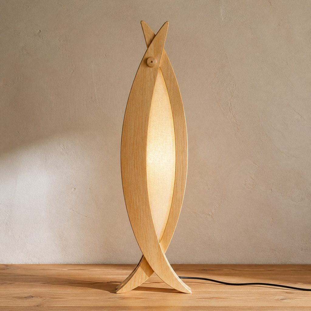 Twin-Fin Fish Floor Lamp shown as an original square photorealistic light-yellow wood fish lamp made from natural light-yellow wood with fine grain and warm diffused light