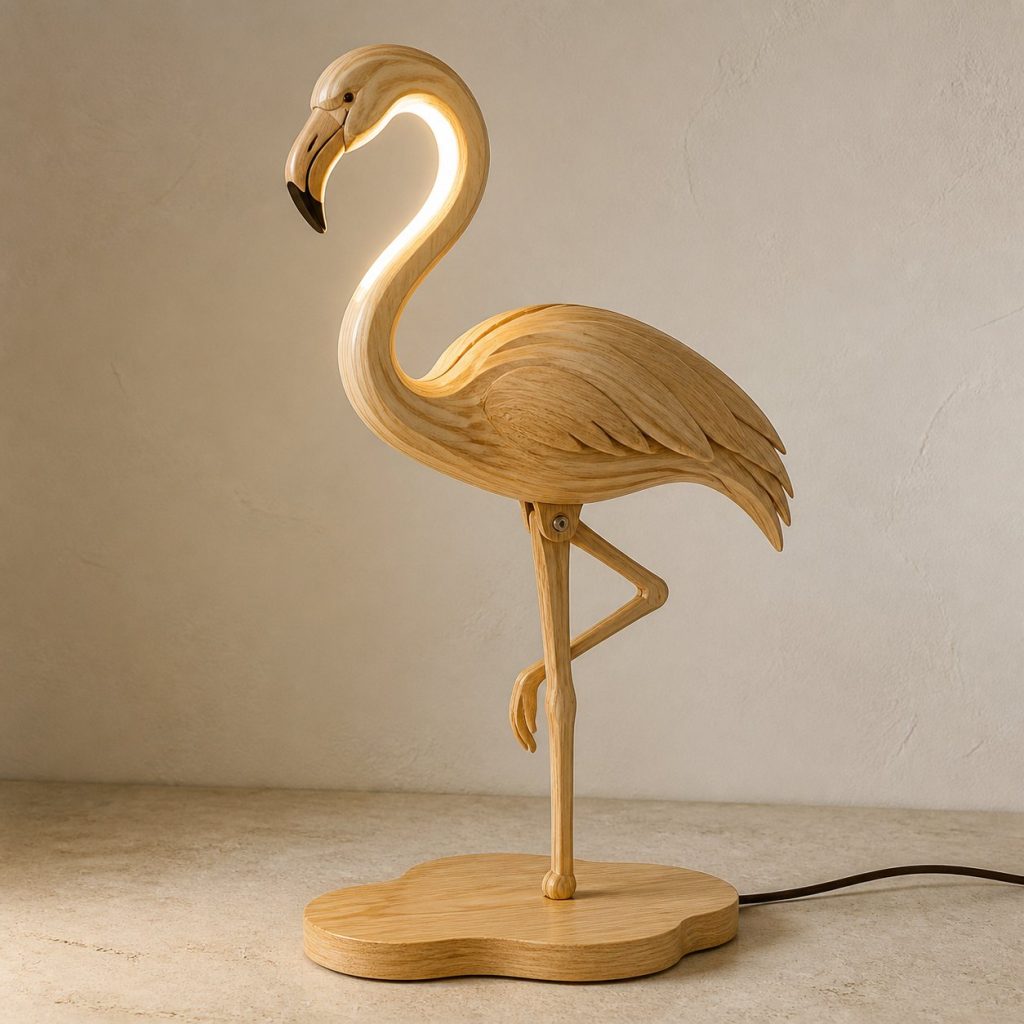 Standing Flamingo Profile Lamp shown as an original square photorealistic flamingo lamp made from natural light-yellow wood with fine grain and warm diffused light