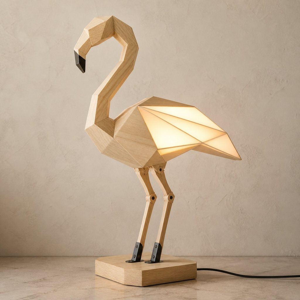 Faceted Flamingo Lamp shown as an original square photorealistic flamingo lamp made from natural light-yellow wood with fine grain and warm diffused light