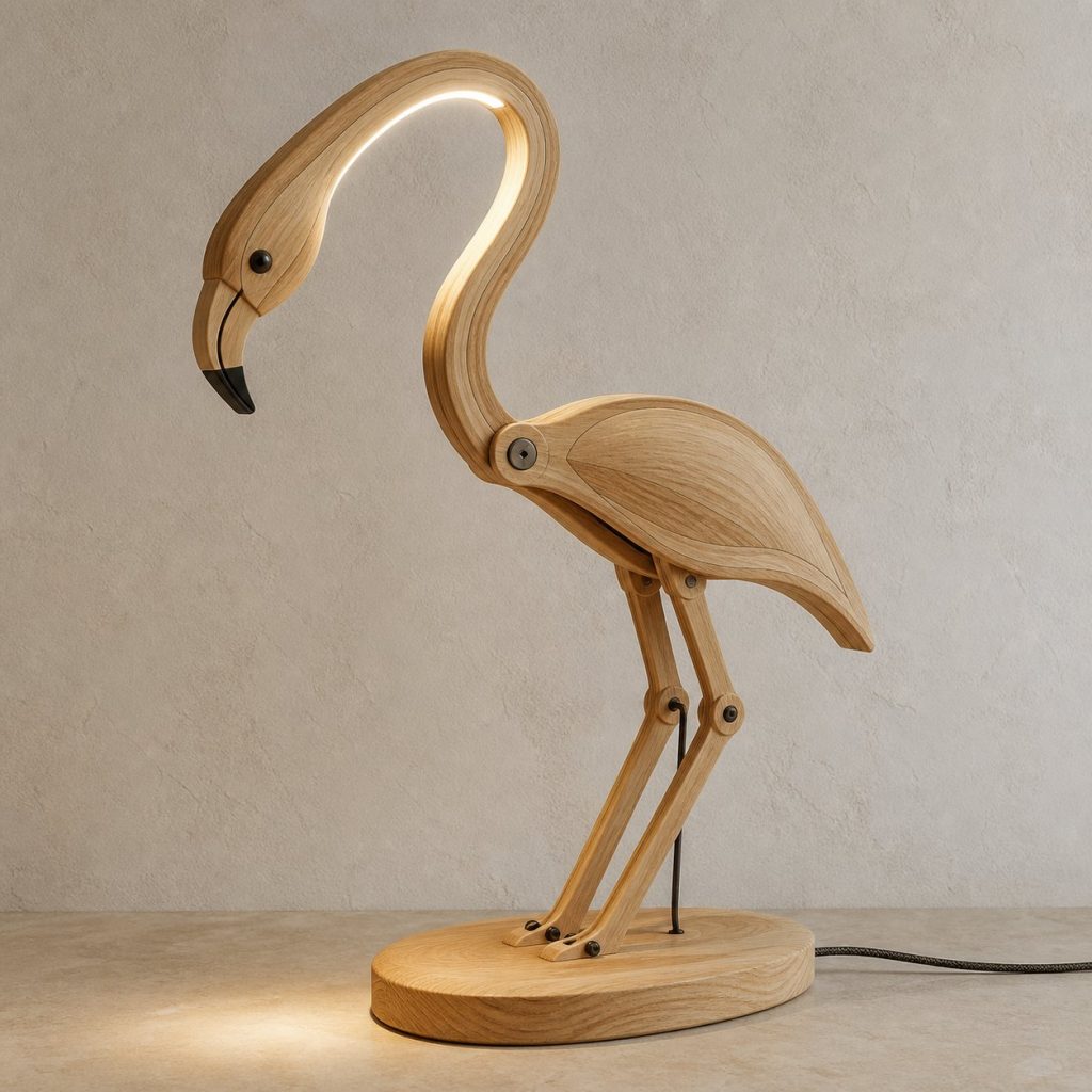 Flamingo-Neck Desk Task Lamp shown as an original square photorealistic flamingo lamp made from natural light-yellow wood with fine grain and warm diffused light