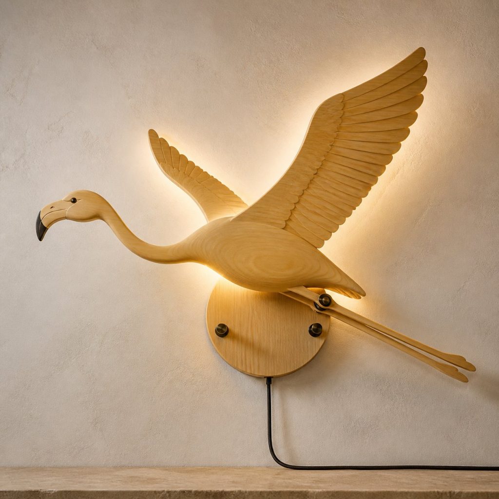 Flying Flamingo Wall Sconce shown as an original square photorealistic flamingo lamp made from natural light-yellow wood with fine grain and warm diffused light