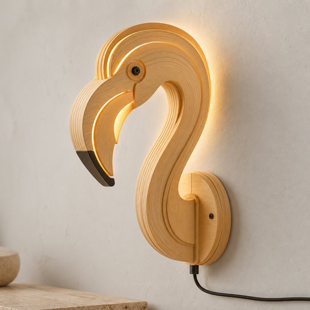 Layered Flamingo Head Wall Lamp shown as an original square photorealistic flamingo lamp made from natural light-yellow wood with fine grain and warm diffused light