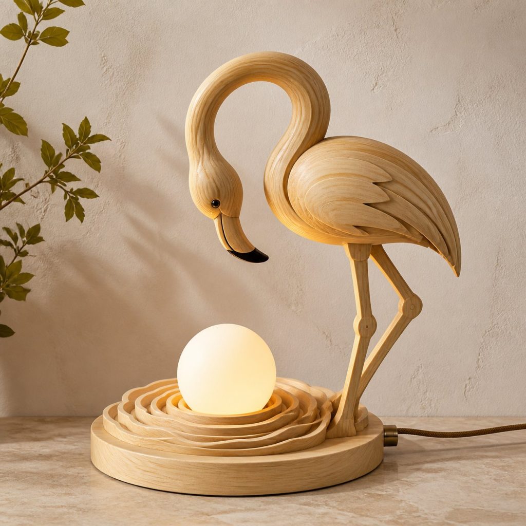 Flamingo Lagoon Orb Lamp shown as an original square photorealistic flamingo lamp made from natural light-yellow wood with fine grain and warm diffused light