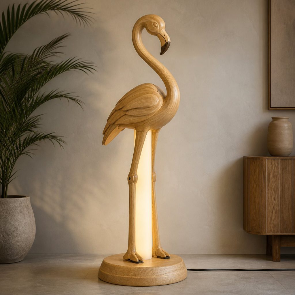 Flamingo-Leg Floor Lamp shown as an original square photorealistic flamingo lamp made from natural light-yellow wood with fine grain and warm diffused light