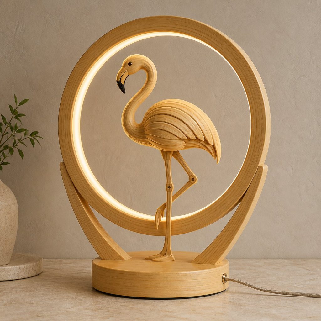 Flamingo-and-Sun Ring Lamp shown as an original square photorealistic flamingo lamp made from natural light-yellow wood with fine grain and warm diffused light