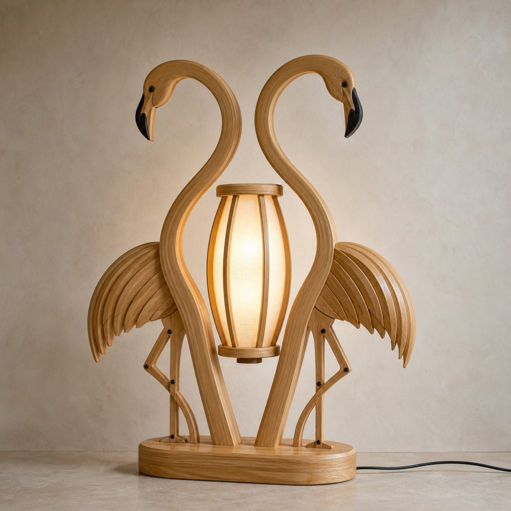 Twin-Neck Flamingo Floor Lamp shown as an original square photorealistic flamingo lamp made from natural light-yellow wood with fine grain and warm diffused light