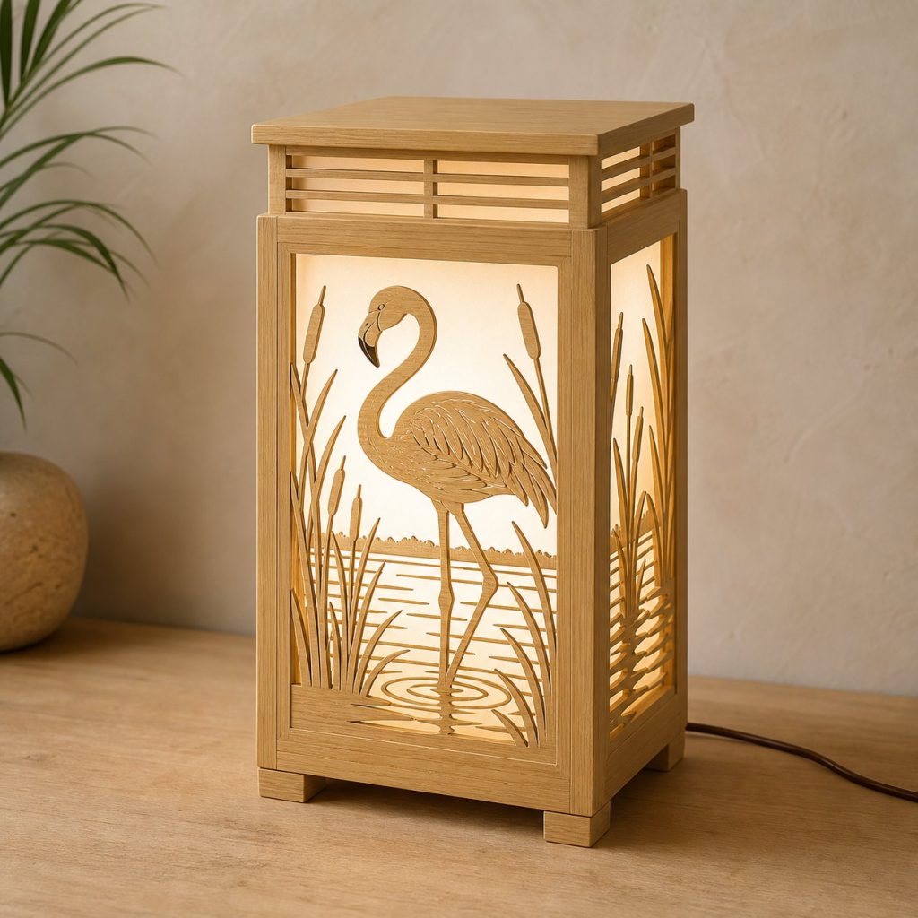 Lagoon Flamingo Lantern shown as an original square photorealistic flamingo lamp made from natural light-yellow wood with fine grain and warm diffused light