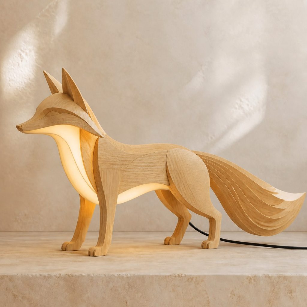Fox Profile Lamp shown as an original square photorealistic fox lamp made from natural light-yellow wood with fine grain and warm diffused light