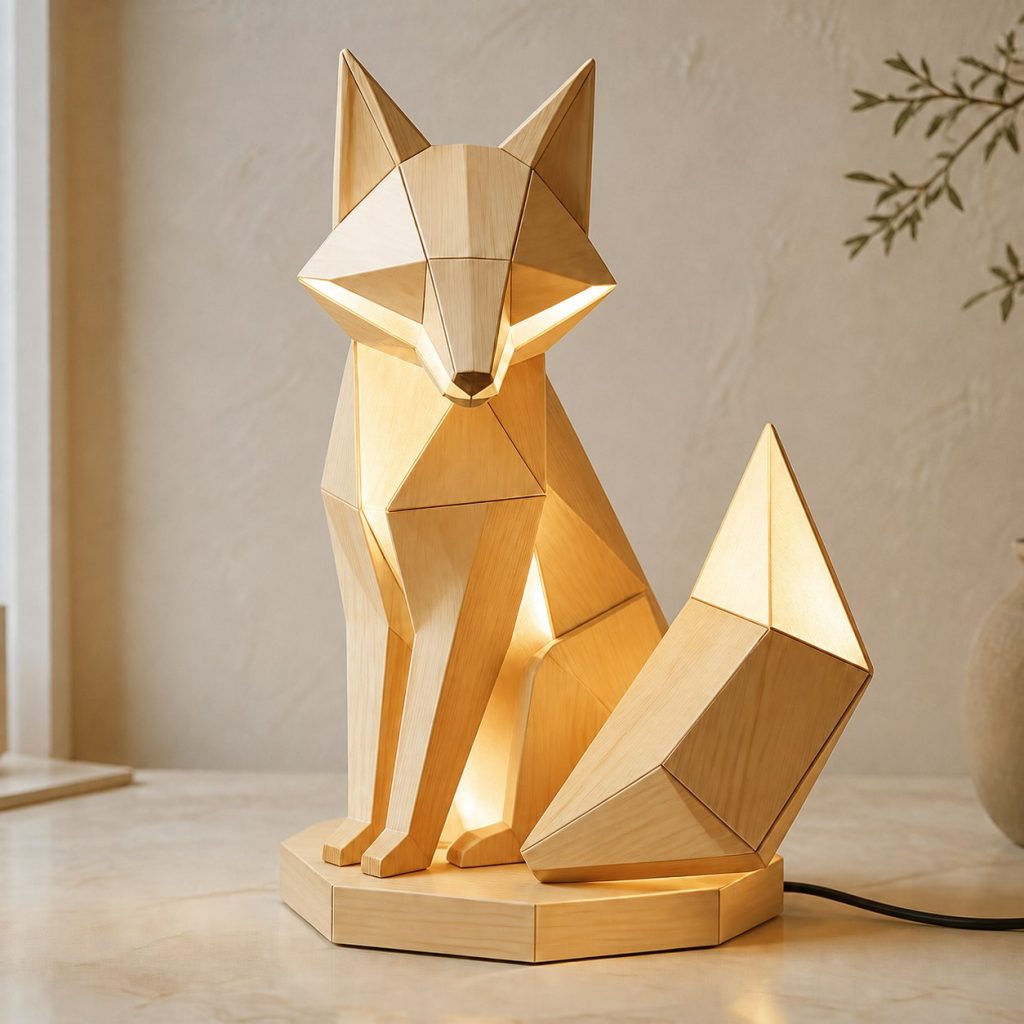 Faceted Fox Lamp shown as an original square photorealistic fox lamp made from natural light-yellow wood with fine grain and warm diffused light