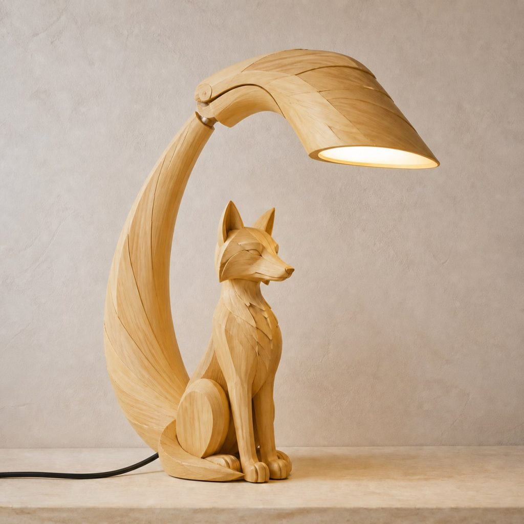 Fox-Tail Desk Task Lamp shown as an original square photorealistic fox lamp made from natural light-yellow wood with fine grain and warm diffused light