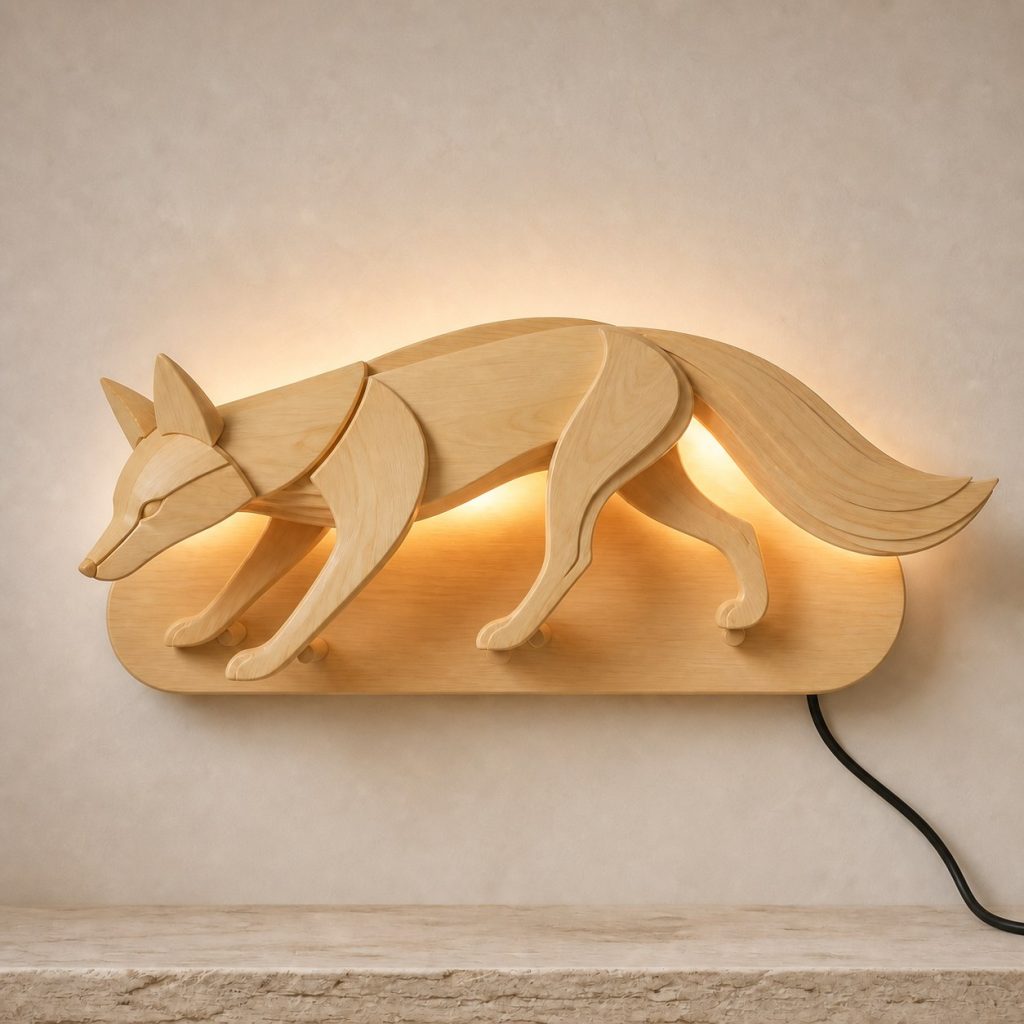 Prowling Fox Wall Sconce shown as an original square photorealistic fox lamp made from natural light-yellow wood with fine grain and warm diffused light