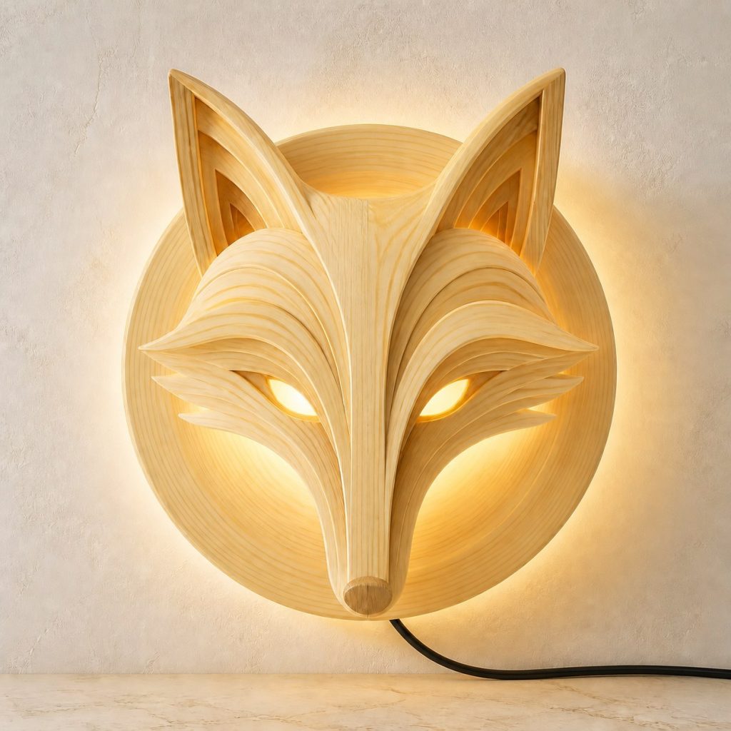 Layered Fox Face Wall Lamp shown as an original square photorealistic fox lamp made from natural light-yellow wood with fine grain and warm diffused light