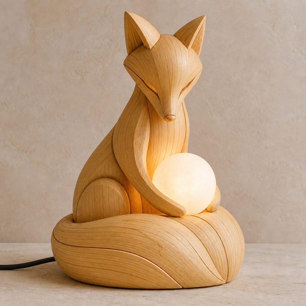 Fox Orb Lamp shown as an original square photorealistic fox lamp made from natural light-yellow wood with fine grain and warm diffused light