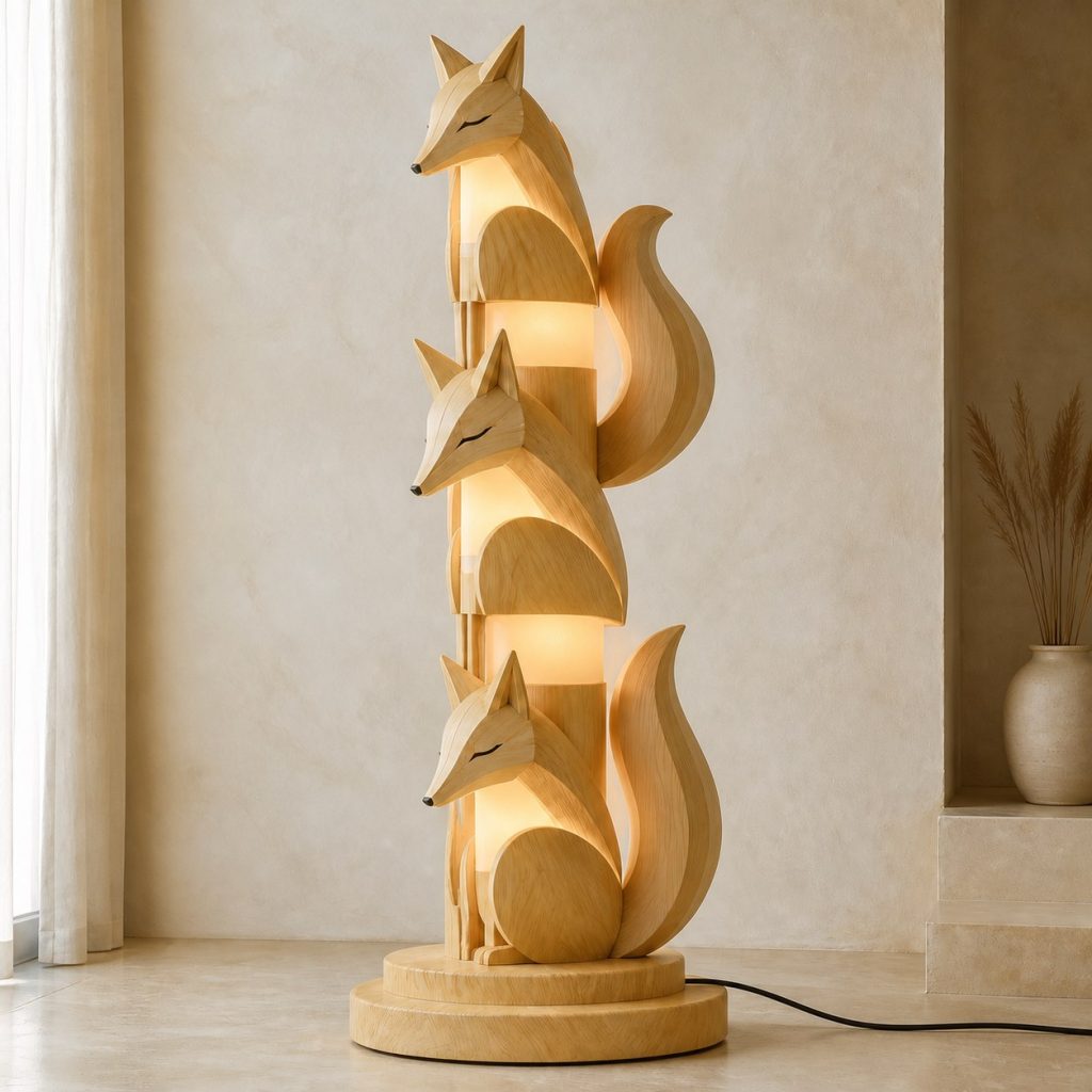 Stacked Fox Floor Lamp shown as an original square photorealistic fox lamp made from natural light-yellow wood with fine grain and warm diffused light