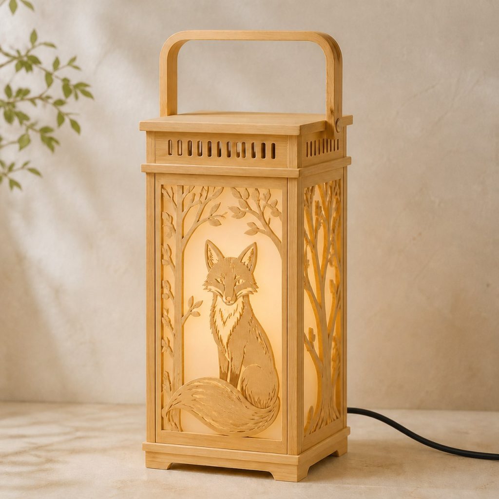 Woodland Fox Lantern shown as an original square photorealistic fox lamp made from natural light-yellow wood with fine grain and warm diffused light