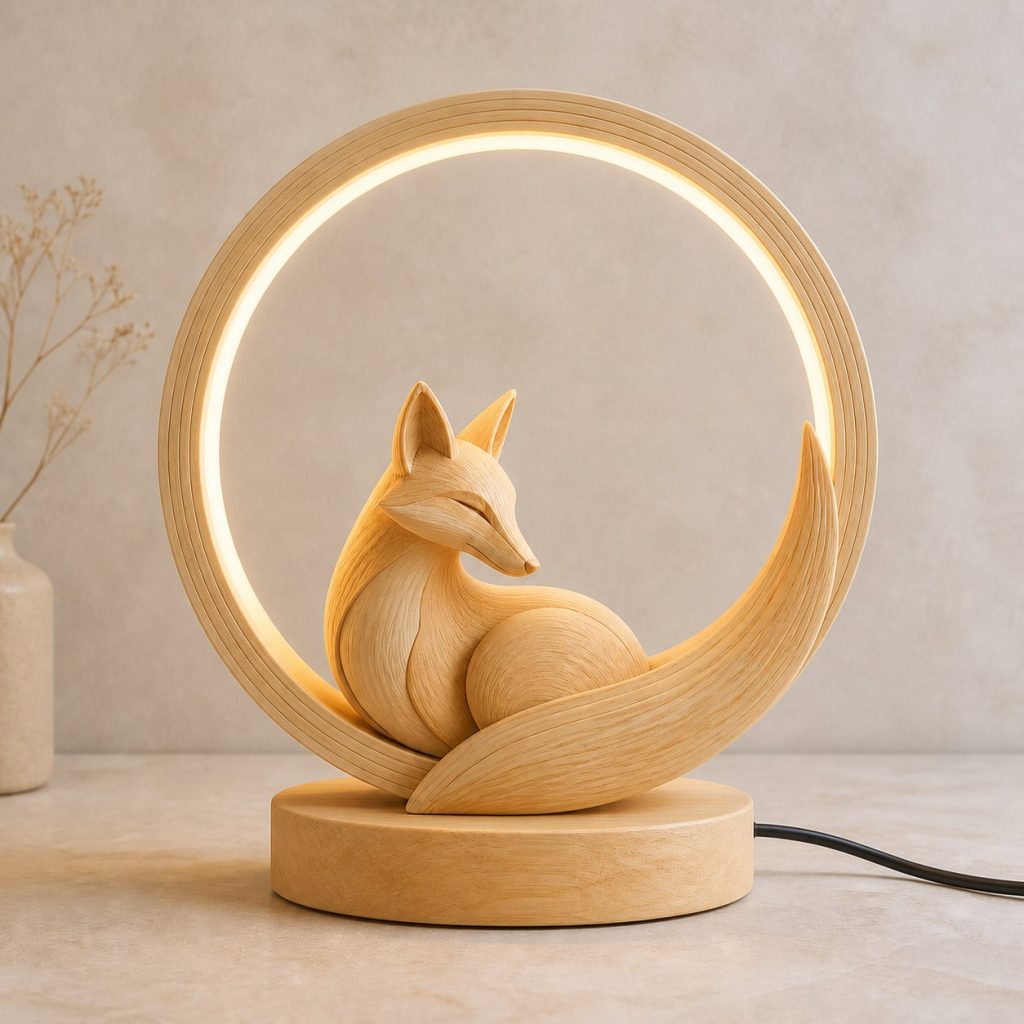 Fox Moon-Ring Lamp shown as an original square photorealistic fox lamp made from natural light-yellow wood with fine grain and warm diffused light