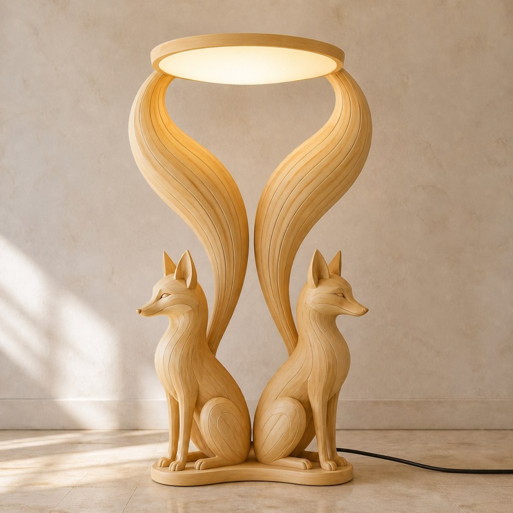 Paired-Tail Fox Floor Lamp shown as an original square photorealistic fox lamp made from natural light-yellow wood with fine grain and warm diffused light