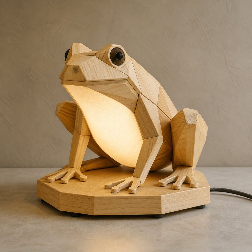 Faceted Standing Frog Lamp shown as an original square photorealistic frog lamp made from natural light-yellow wood with fine grain and warm diffused light