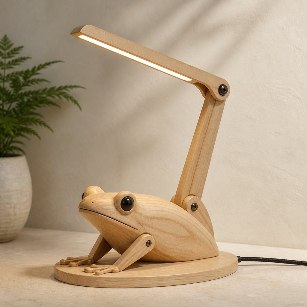 Frog-Leg Desk Task Lamp shown as an original square photorealistic frog lamp made from natural light-yellow wood with fine grain and warm diffused light