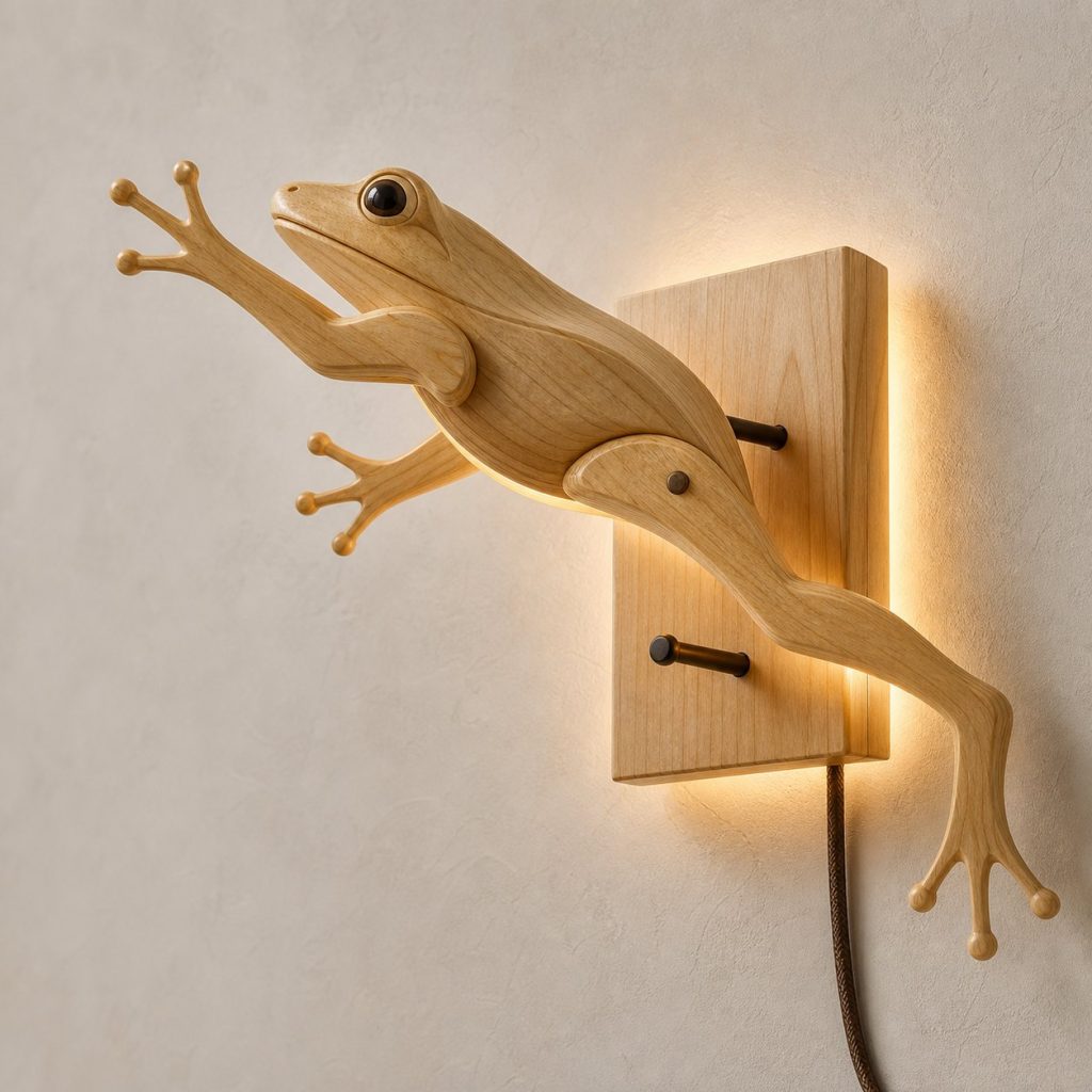 Leaping Frog Wall Sconce shown as an original square photorealistic frog lamp made from natural light-yellow wood with fine grain and warm diffused light