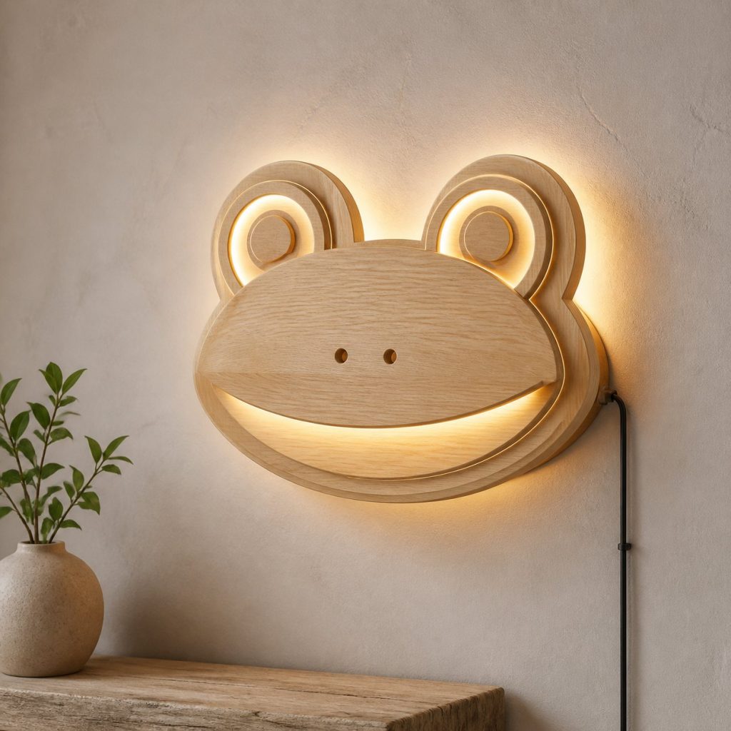 Layered Frog Face Wall Lamp shown as an original square photorealistic frog lamp made from natural light-yellow wood with fine grain and warm diffused light