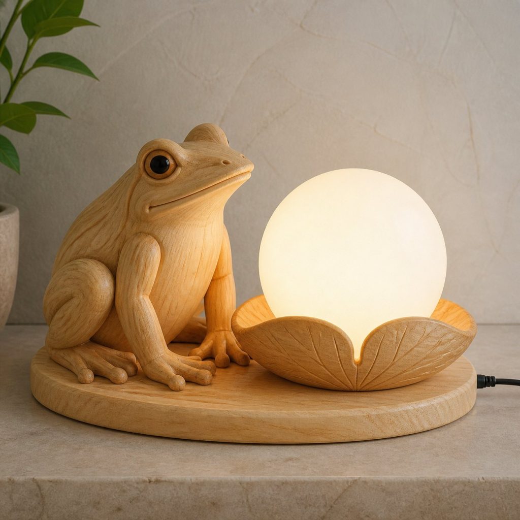 Frog Lily-Pad Orb Lamp shown as an original square photorealistic frog lamp made from natural light-yellow wood with fine grain and warm diffused light