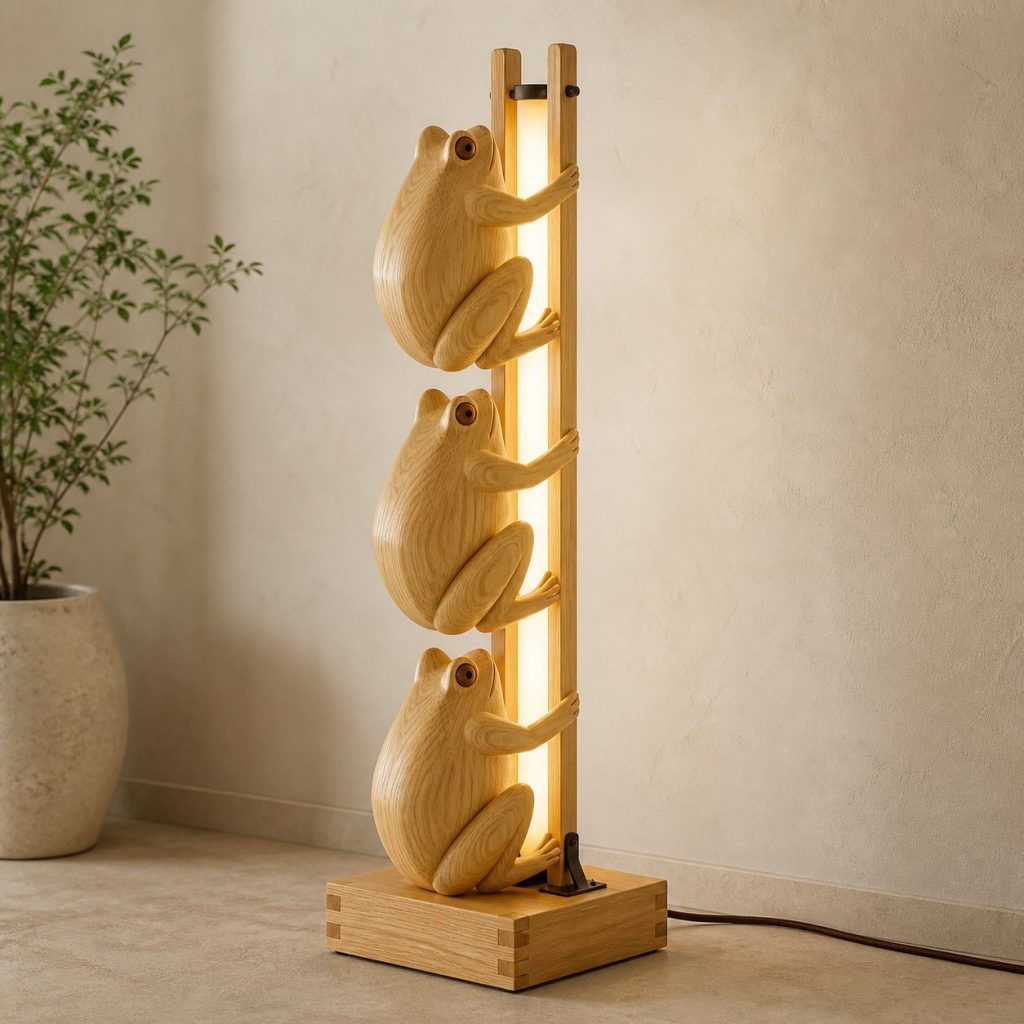 Stacked Frog Floor Lamp shown as an original square photorealistic frog lamp made from natural light-yellow wood with fine grain and warm diffused light