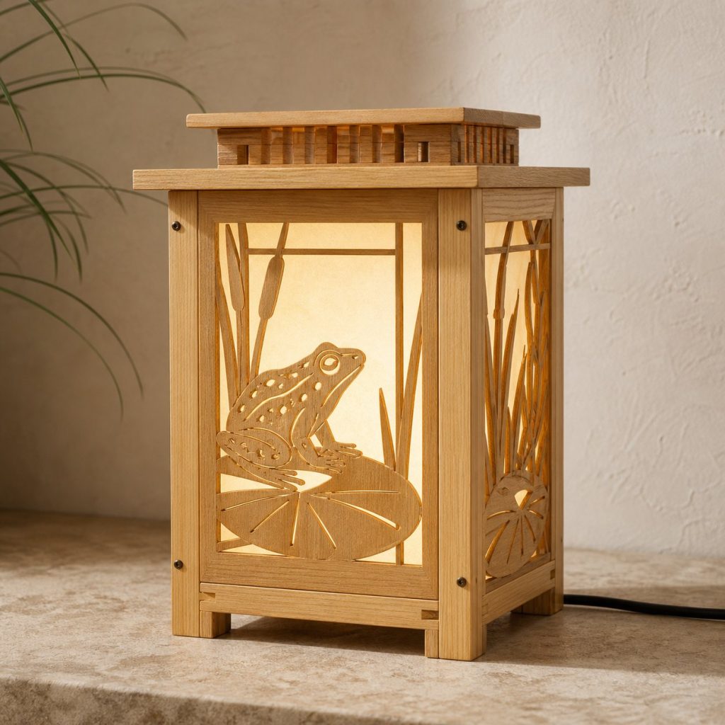 Pond Frog Lantern shown as an original square photorealistic frog lamp made from natural light-yellow wood with fine grain and warm diffused light