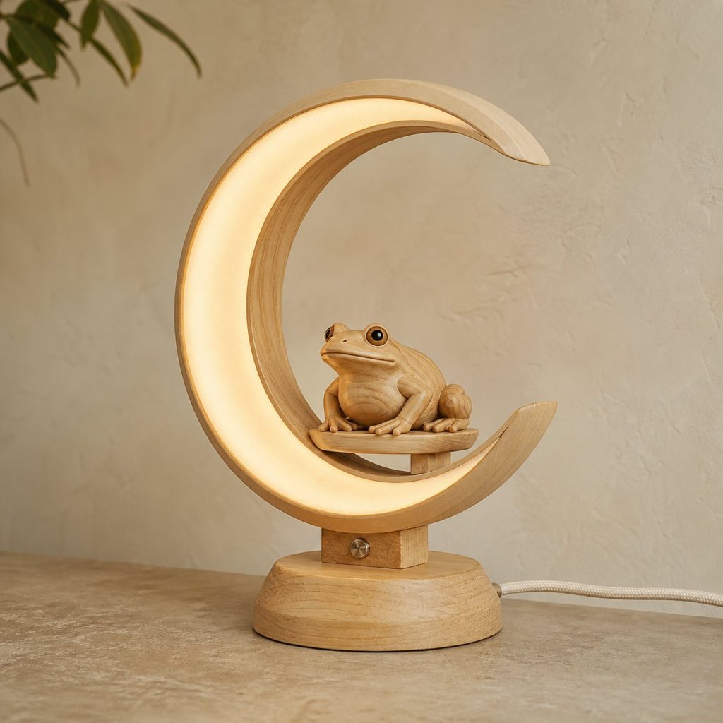 Frog Crescent-Moon Lamp shown as an original square photorealistic frog lamp made from natural light-yellow wood with fine grain and warm diffused light