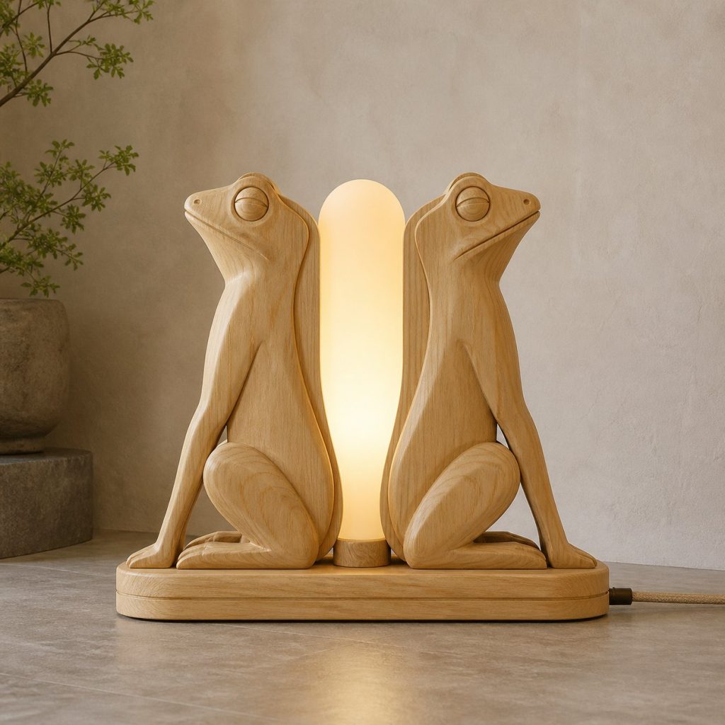 Twin Frog Floor Lamp shown as an original square photorealistic frog lamp made from natural light-yellow wood with fine grain and warm diffused light