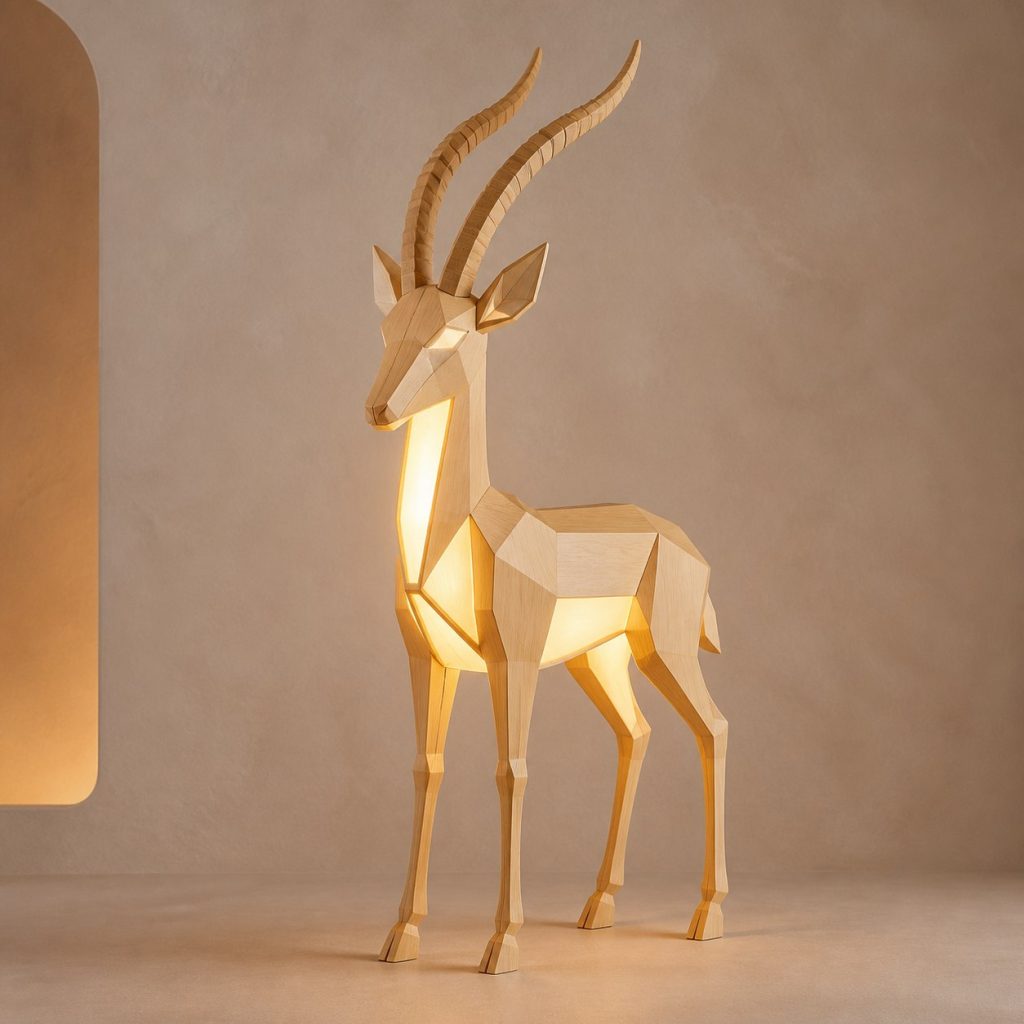 Faceted Gazelle Lamp shown as an original square photorealistic gazelle lamp made from natural light-yellow wood with fine grain and warm diffused light