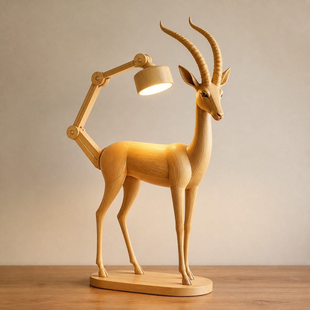 Gazelle-Horn Desk Task Lamp shown as an original square photorealistic gazelle lamp made from natural light-yellow wood with fine grain and warm diffused light