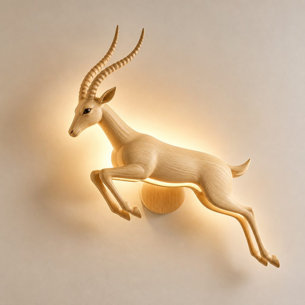 Leaping Gazelle Wall Sconce shown as an original square photorealistic gazelle lamp made from natural light-yellow wood with fine grain and warm diffused light