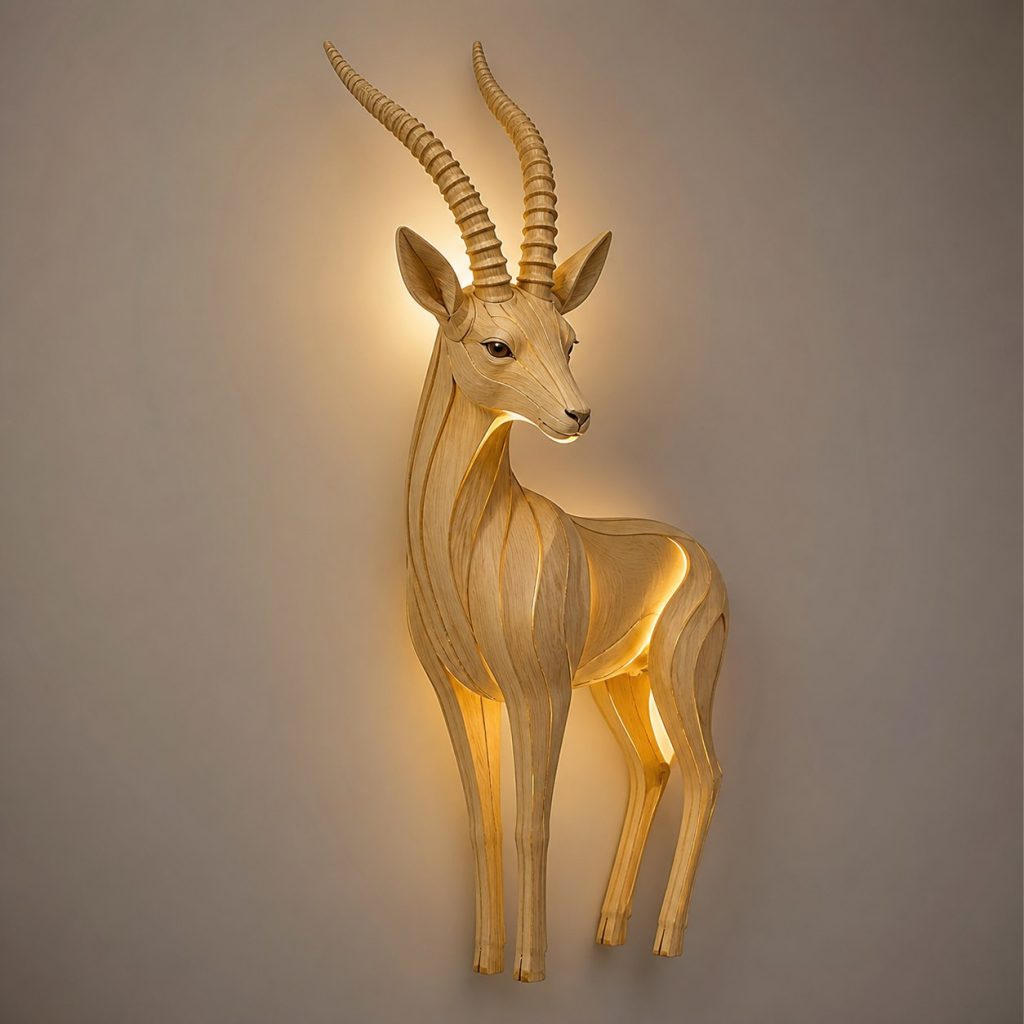 Layered Gazelle Head Wall Lamp shown as an original square photorealistic gazelle lamp made from natural light-yellow wood with fine grain and warm diffused light