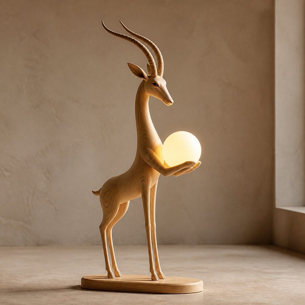 Gazelle Orb Lamp shown as an original square photorealistic gazelle lamp made from natural light-yellow wood with fine grain and warm diffused light