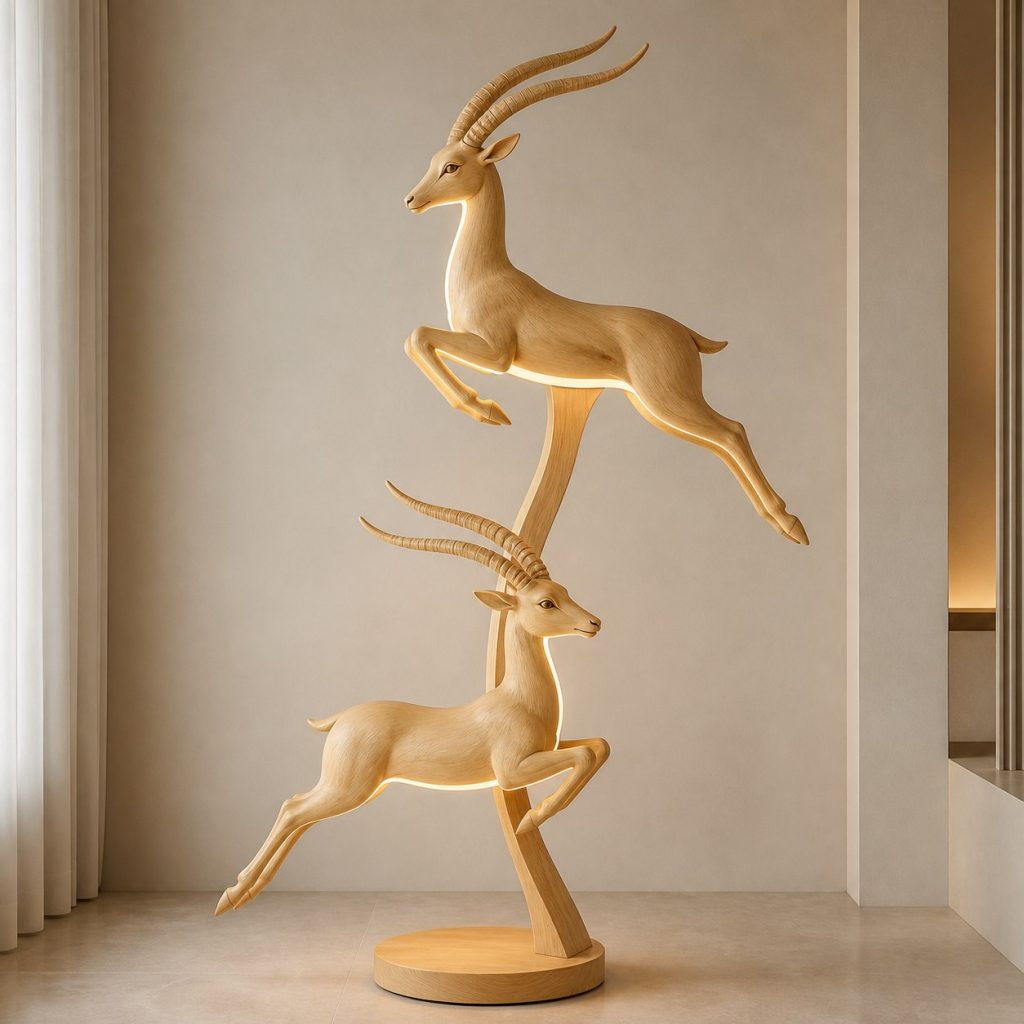 Stacked Gazelle Floor Lamp shown as an original square photorealistic gazelle lamp made from natural light-yellow wood with fine grain and warm diffused light