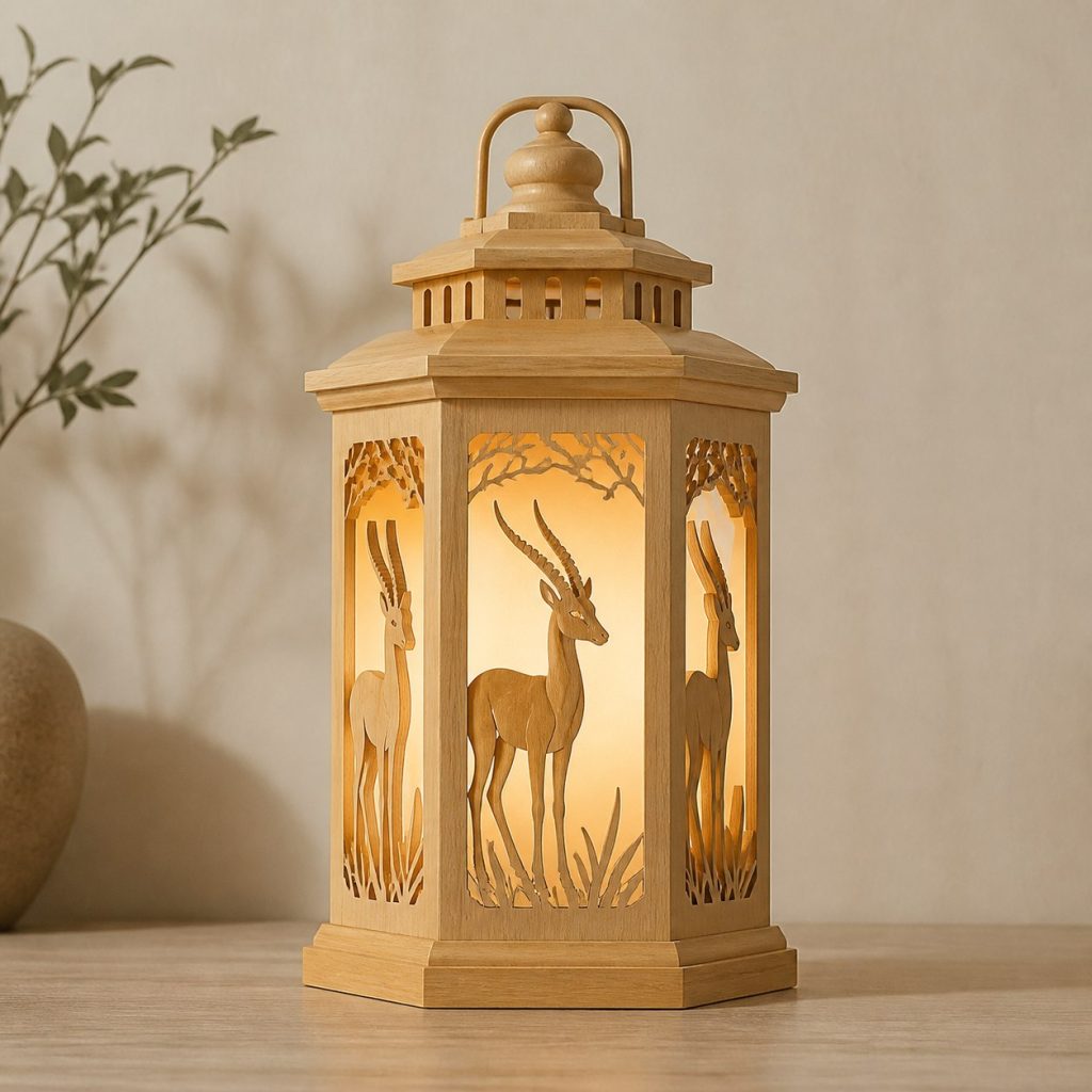 Savanna Gazelle Lantern shown as an original square photorealistic gazelle lamp made from natural light-yellow wood with fine grain and warm diffused light